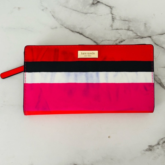 Kate Spade Women’s Red Pink Color Block Striped Long Wallet - Picture 1 of 4